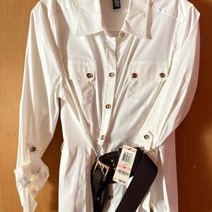 Alfani White Button-Up Shirt with Brown Belt